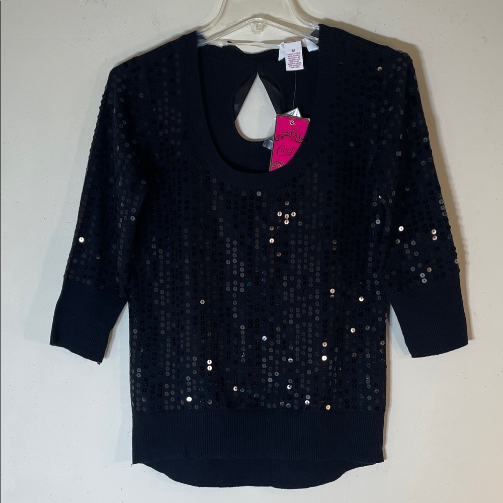 Candie's Elegant Black Sweater with Sequin & Bow Details. M. NWT.